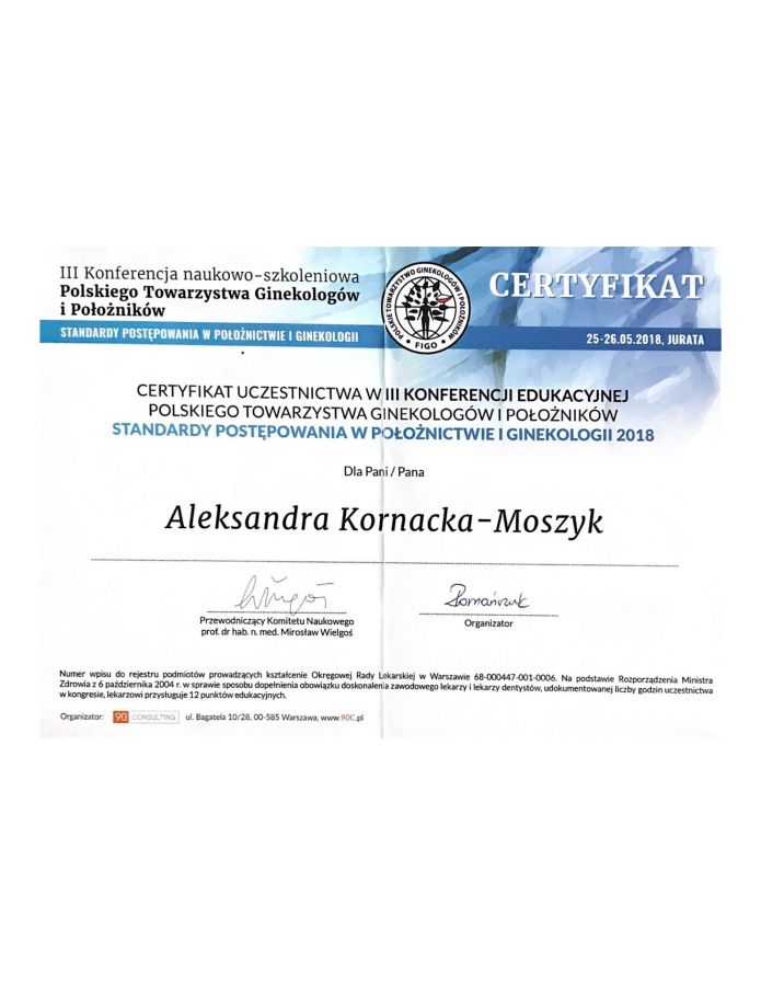 certyfikat sekcji ultrasonografii polskiego towarzystwa ginekologów i położników aleksandra kornacka-moszyk