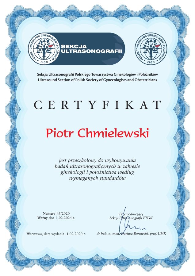 certyfikat sekcji ultrasonografii polskiego towarzystwa ginekologów i położników  piotr chmielewski