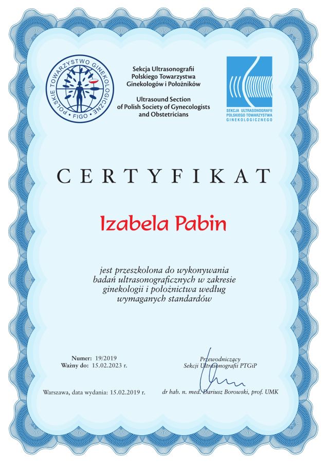 certyfikat sekcji ultrasonografii polskiego towarzystwa ginekologów i położników izabela pabin