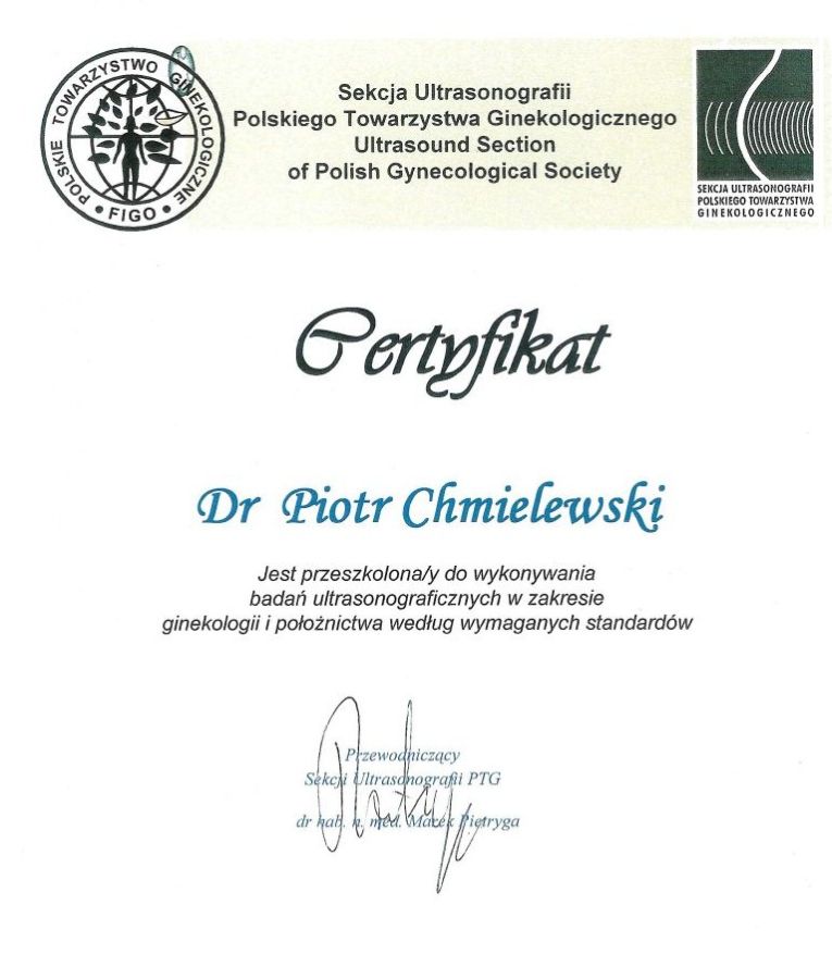 certyfikat polskiego towarzystwa ginekologicznego piotr chmielewski