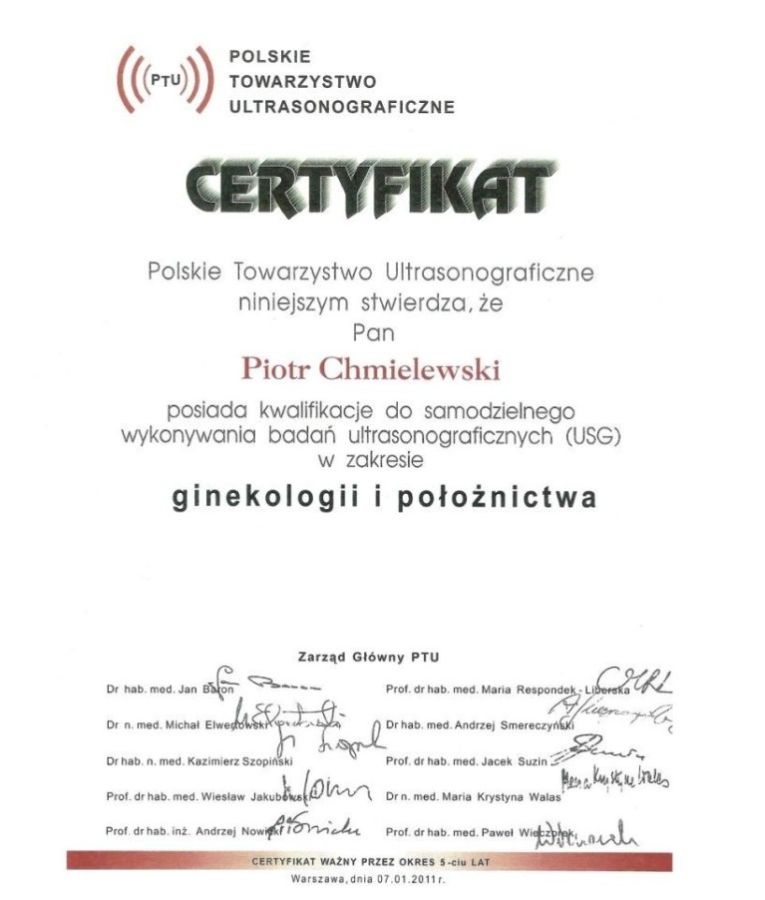 certyfikat polskiego towarzystwa ginekologicznego usg ginekologii i położnictwa piotr chmielewski